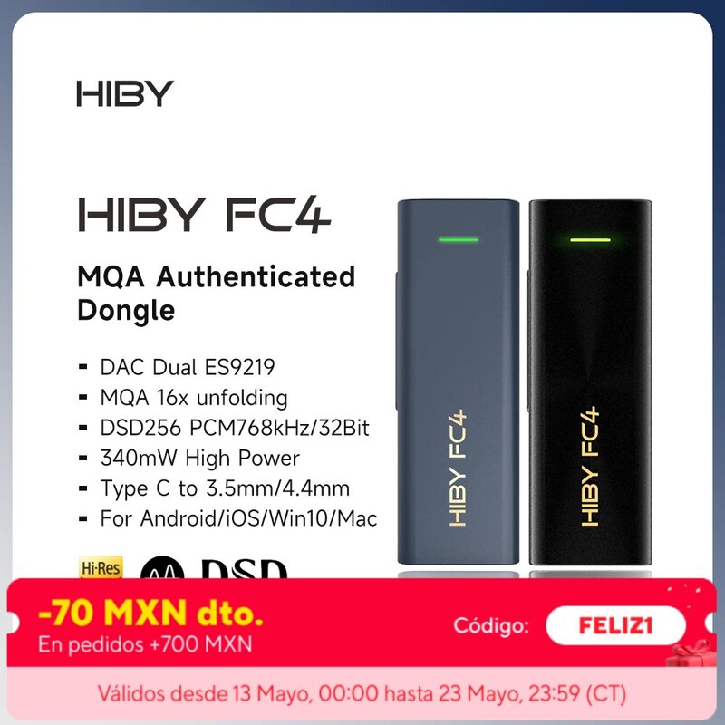 HiBy-FC4 MQA 16X Dongle De Áudio, Tipo C, USB, DAC, Decodificador HiFi, Amplificador de Auscultadores, DSD256, ES9219 para Android, iOS, Win10, Mac, Placa de Som