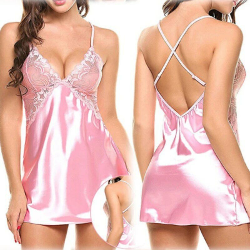 Sexy Lace Satin Nightdress Lingerie Set, Pijama erótico, Babydoll Hot, Trajes Exóticos