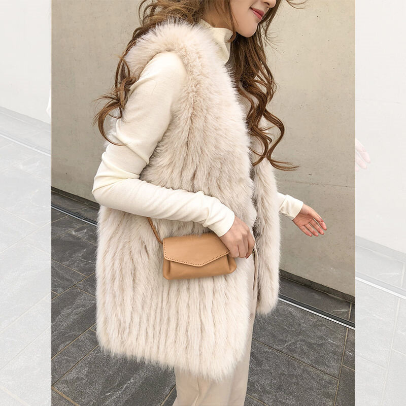 Chaleco de piel de zorro de imitación para mujer, chaqueta holgada de media a larga, sin mangas, para otoño e invierno, 2024