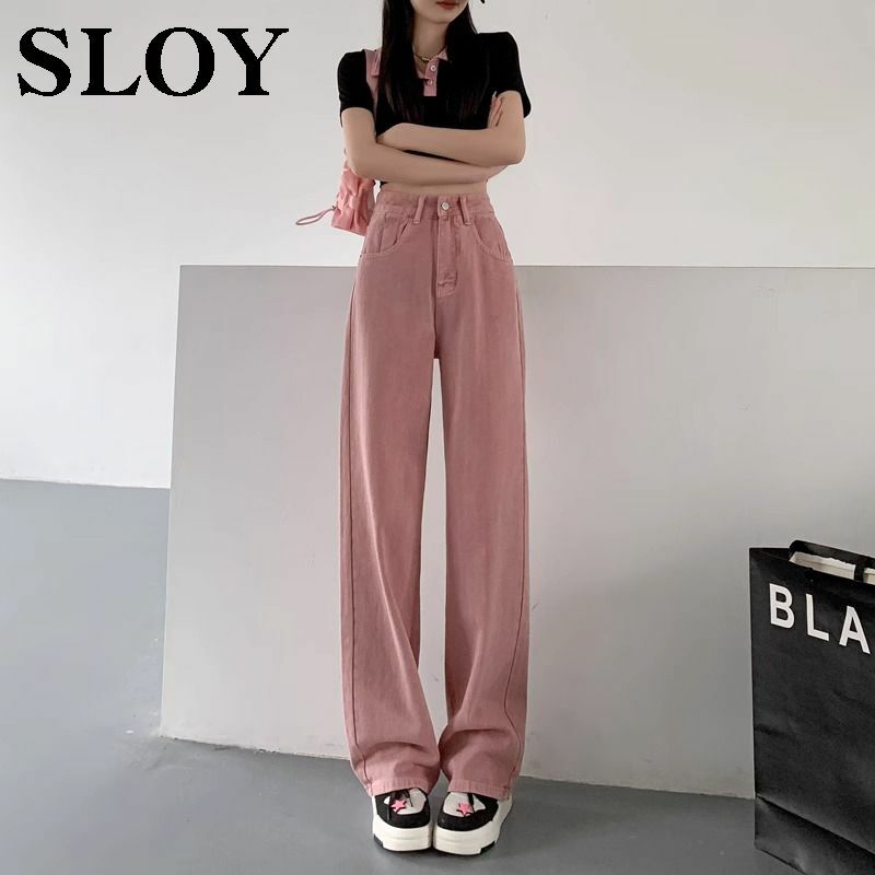 Джинсы Розовые узкие с широкими штанинами, свободные прямые джинсы с высокой талией, лето 2024