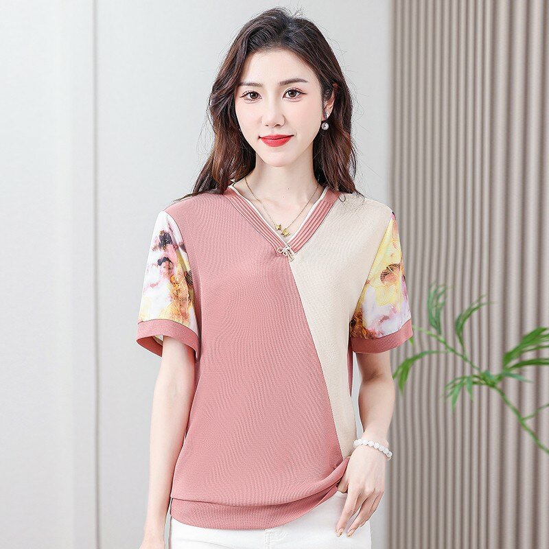 Женская трикотажная футболка с коротким рукавом, V-образным вырезом и цветочным принтом