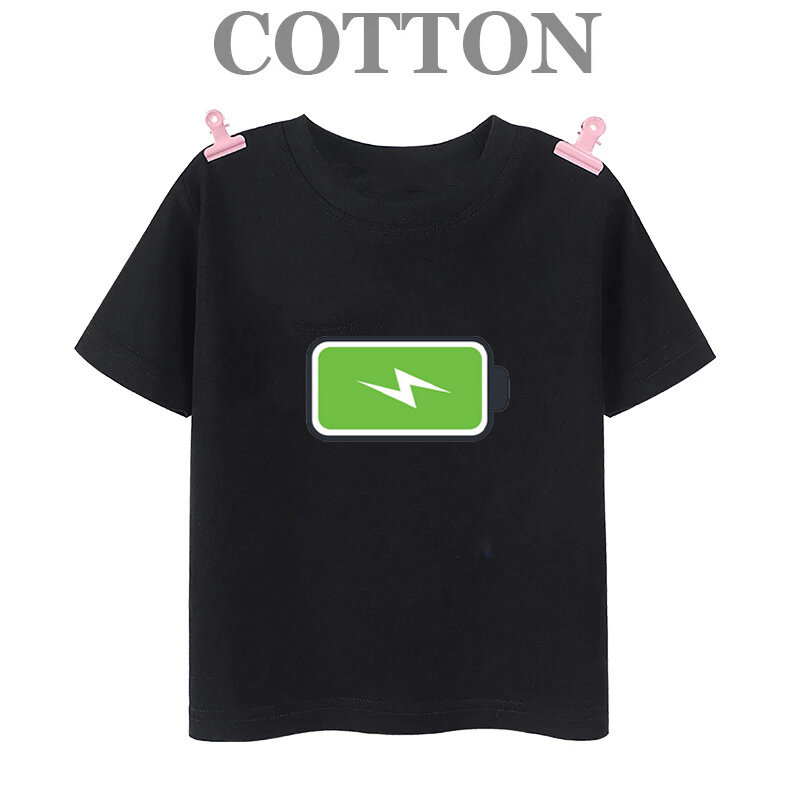 Summer New Full /Low Energy Battery Tshirt Kids Boys Casual Crew Neck Tops 2023 Funny T Shirt Student Clothing