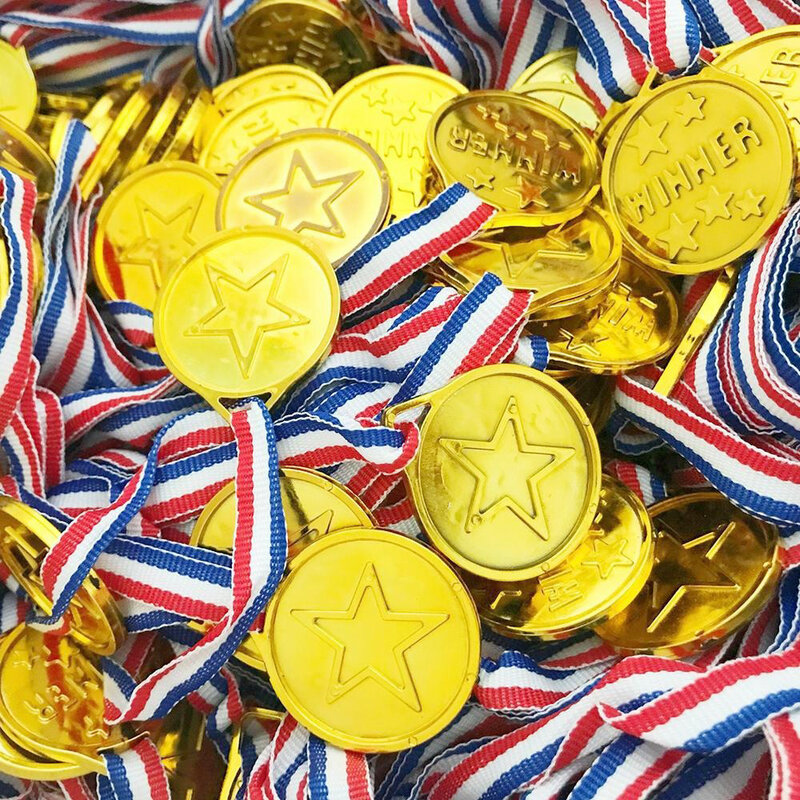 50 Pieces Children's Plastic Gold Plastic Winner Medals Kids Golden Medals for Sports Day Awards Prizes Awards for Students