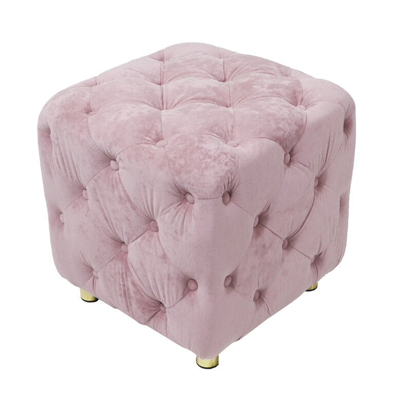Miękki, różowy, nowoczesny, tapicerowany aksamitny otoman i wykwintny mały stolik końcowy do wygodnego salonu i sypialni, stylowa stopa