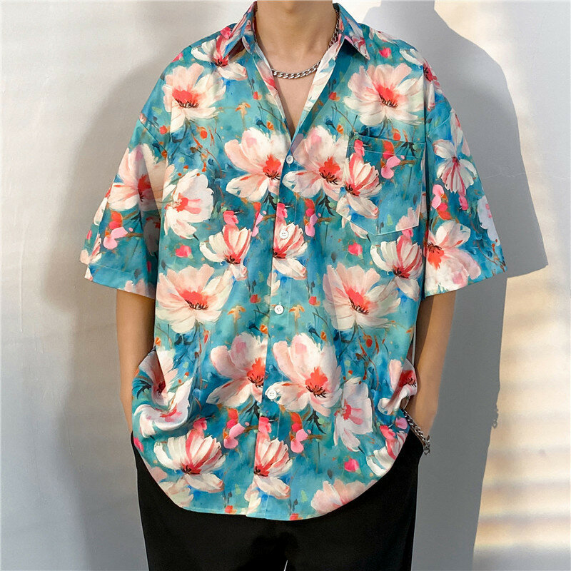 Camisa retrô de manga curta floral havaiana masculina, blusa casual bonito, meia manga solta, camisa estampada de praia, moda verão