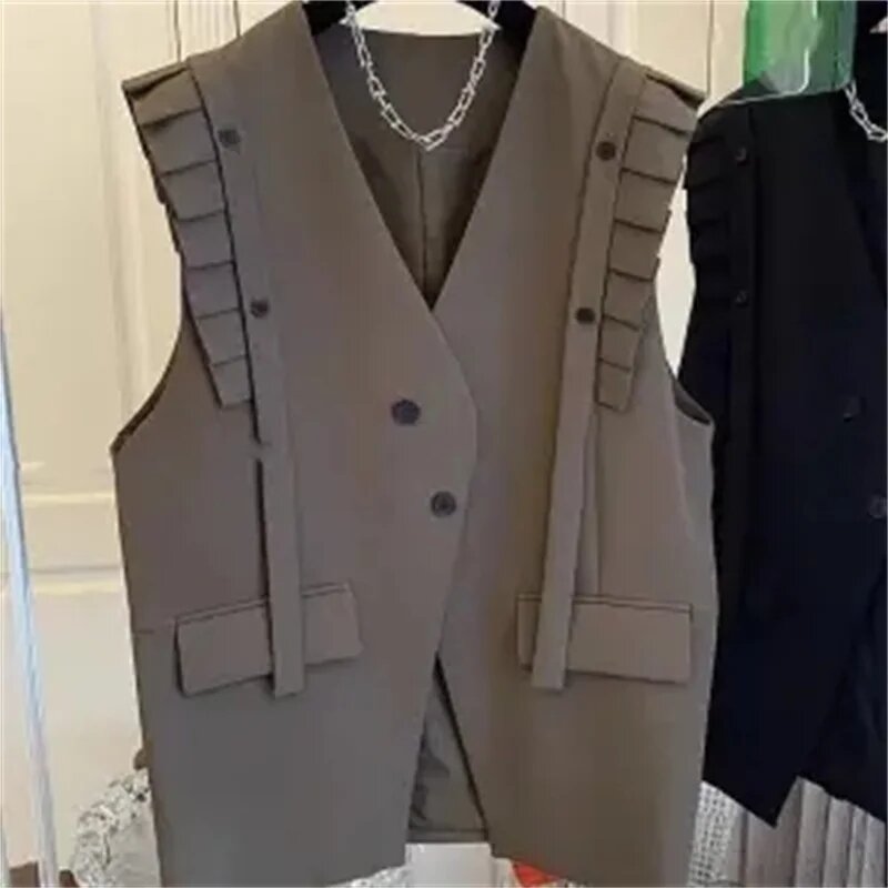 2024 Spring Hot New Vest for Women Coat V-neck Sleeveless Oversized Tops Patchwork Ruffles Casual Waistcoat Fashion Korean Tanks