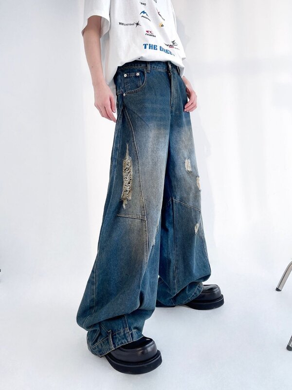 HOUZHOU-pantalones vaqueros rasgados de Hip Hop para hombre, Jeans desgastados de pierna ancha, ropa de calle Vintage informal, suelta