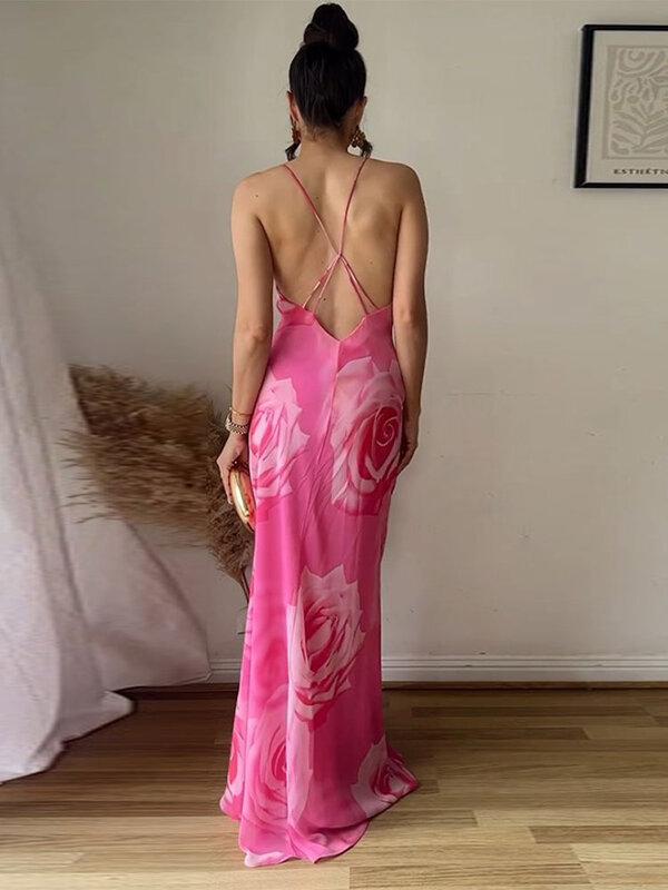 Robe longue fendue dos nu imprimée pour femmes, robes de club de fête, mode féminine, bretelles spaghetti sexy, été 2024