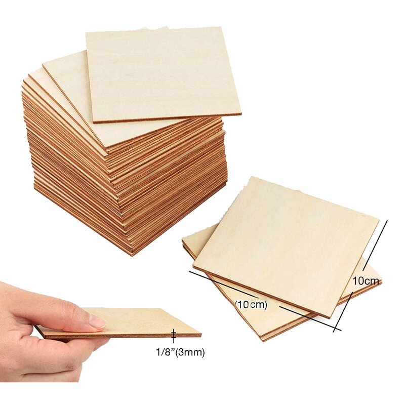 Unfinished Wood Pieces 50 Pcs 4 Inch Square Blank Wood Natural Slices Cutouts For DIY Crafts Painting Staining-Drop Ship