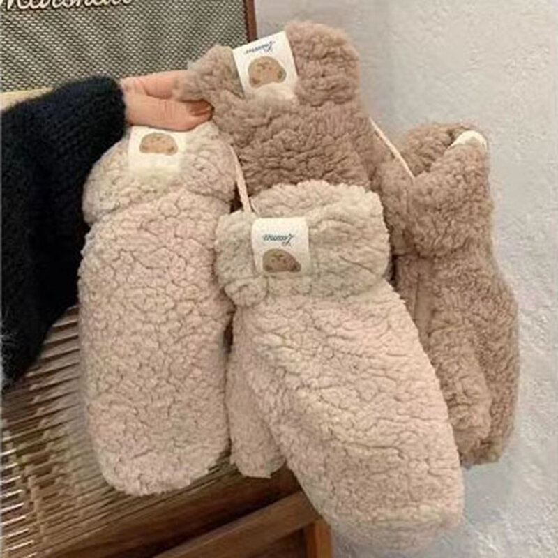 Cute Bear Soft Plush Gloves para mulheres, quente, engrossar, sem dedos, luvas, ao ar livre, guardas de mão, meninas, presentes de Natal, inverno