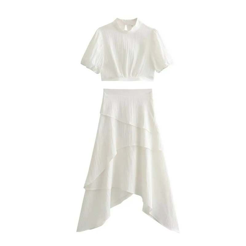 Women's Elegant Irregular Layered Pleated Midi Skirt Short Sleeve 2 Piece Suit Slim Short Sleeve Dress Vestido Mujer 2024 Summer