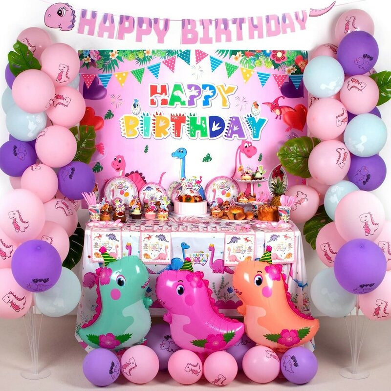 Decoração de festa dinossauro rosa para crianças, talheres de papel Dino, balões, placa, fundo, chuveiro de bebê