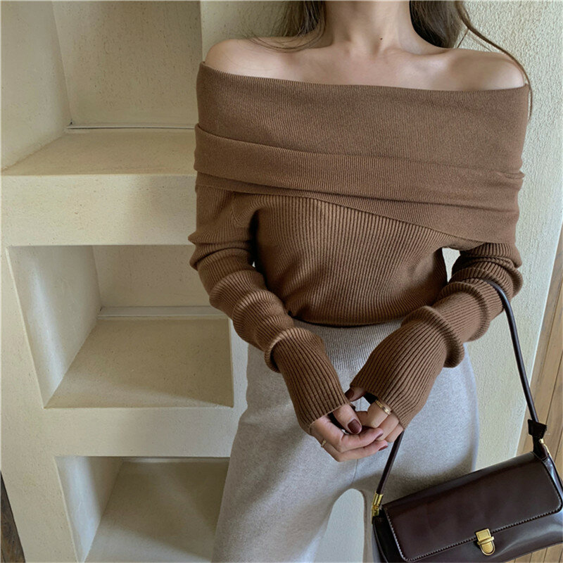 Sweater Pullover leher Slash seksi, atasan Pullover lengan panjang bahu terbuka wanita, pakaian rajut Korea musim gugur musim dingin