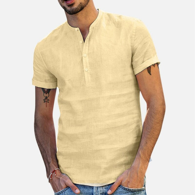 Kemeja katun pria, warna Solid dan Linen nyaman lengan pendek blus leher bulat kesederhanaan kemeja atasan untuk pria