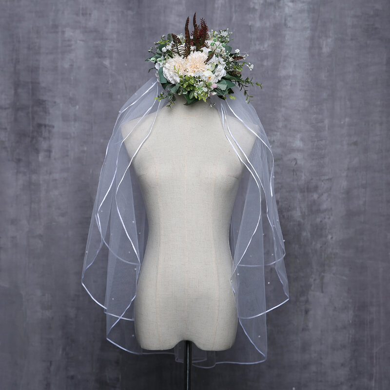 High Quality Bridal Wedding Veils Soft Bridal Illusion White Ivory 3T Ribbon Edges Pearls