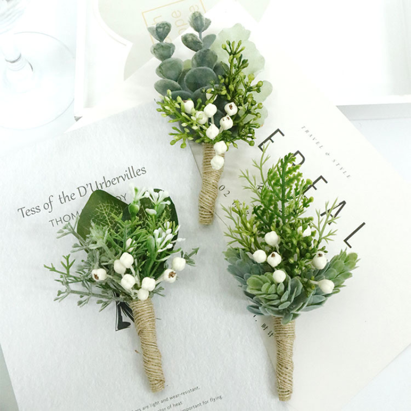 Zielone sztuczne kwiaty Boutonniere mężczyźni broszka małżeństwo nadgarstek stanik druhna akcesoria ślubne boutonniere mariage homme