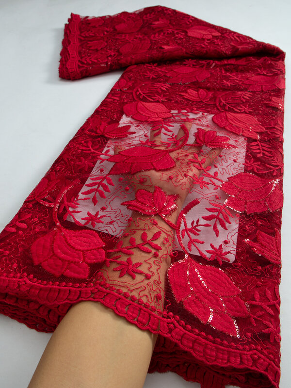 Kain renda Afrika merah 2024 2.5yard bordir renda Nigeria kain pengantin kualitas tinggi kain renda Tulle Perancis TY3243