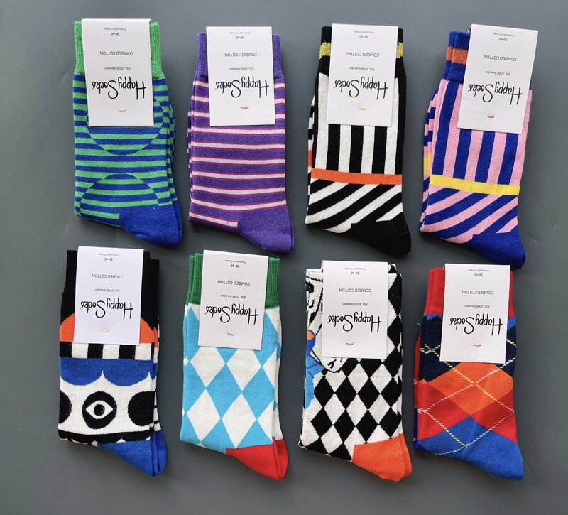 Happy Socks bergaris Seri Rhombock kaus kaki katun Midtube untuk pria dan wanita uniseks ukuran 36-40