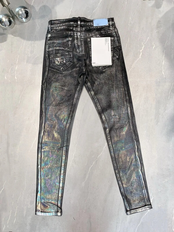 Ungu kualitas tinggi merek ROCA Jeans celana hitam jalanan tinggi lapisan perak Mode perbaikan rendah naik celana Denim kurus