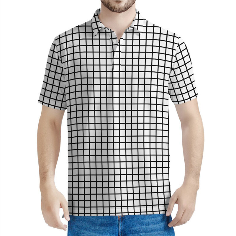Grey Windowpane Pattern Polo Shirt For Men 3D Printed Plaid T-shirt Summer Street Oversized Short Sleeve Tops Lapel Tee Shirts