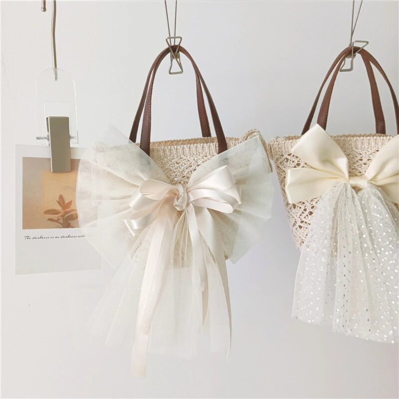 Mini Hollow Bucket Bag High Quality Ribbon Bow Cute Style Crossbody Bag Princess Dressing Style Handwoven Straw Bag
