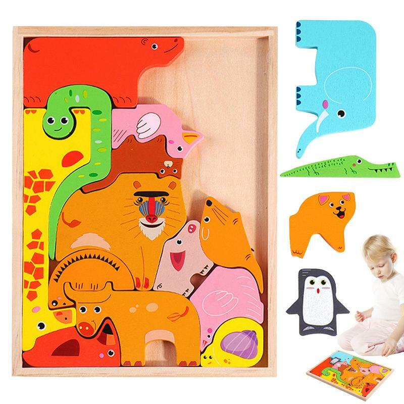 나무 퍼즐 블록 스태킹 장난감 동물 직소 퍼즐 정렬 및 스태킹 게임, 유아를 위한 선물, 남아, 여아, 3 세 이상