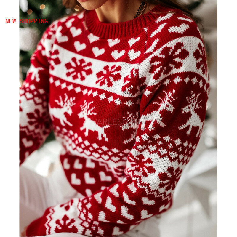 女性用長袖ニットセーター,赤いセーター,白,赤,クリスマス,ニットパーティー服,女性用,冬,新しいコレクション2022