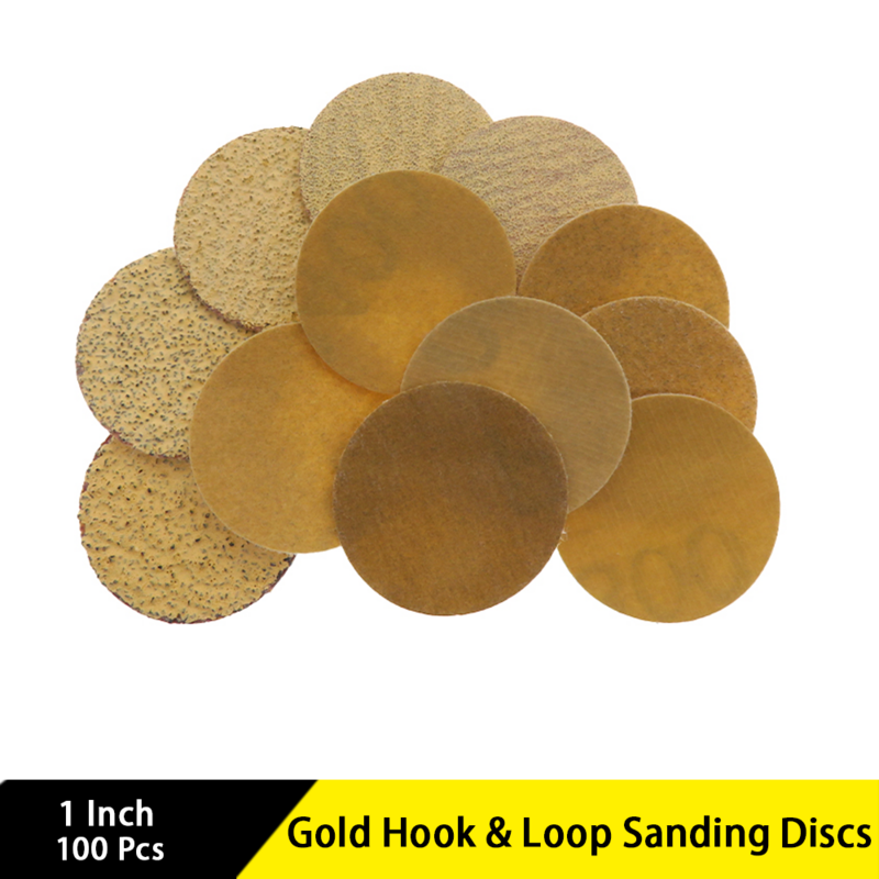 1 Inch Gold Hook & Loop Sanding Discs 100 Pcs Assorted Grit Sandpaper for Woodworking Wood Furniture Making Metalworking Sanding