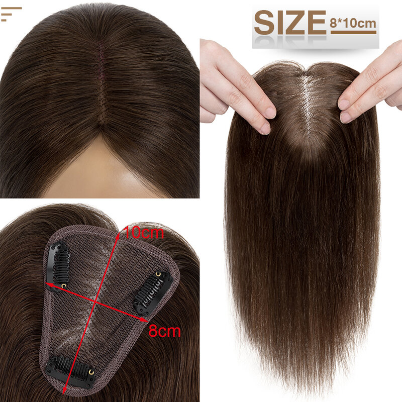 S-Noilite-Toppers de cabelo humano para mulheres, cabelo natural, nó único, extensões de clipe, feitos à mão, parte central, Mono, 8x10cm