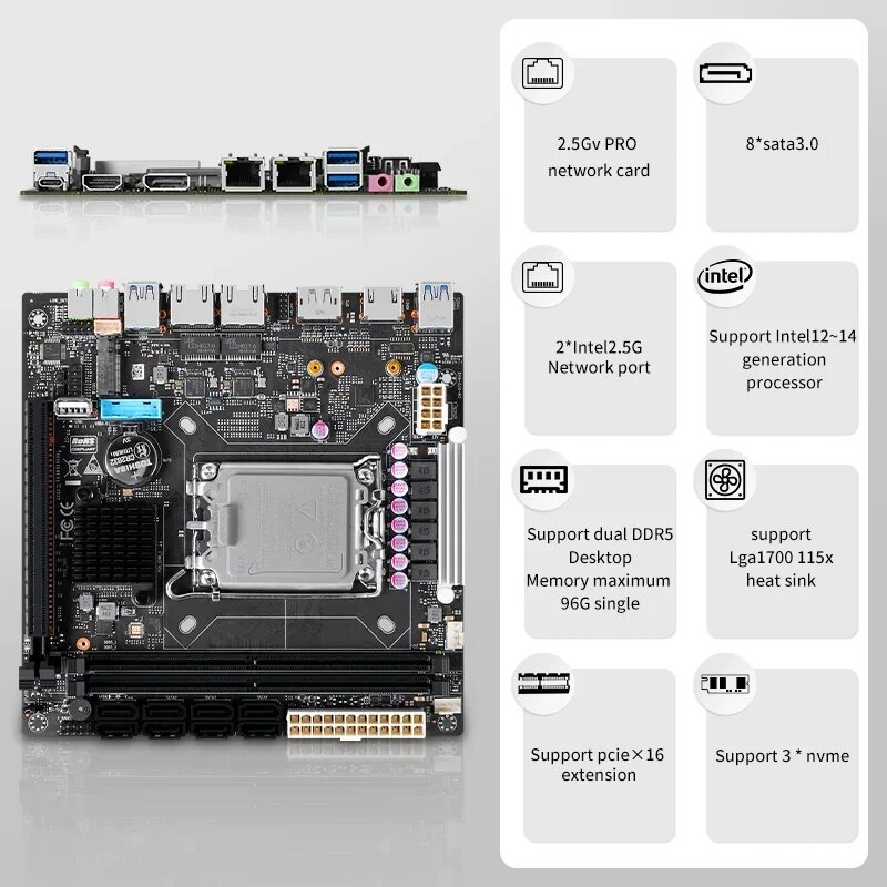 Topton 12/13/14th/เมนบอร์ด LGA1700 NAS Q670 Intel vPro 8-Bay 3X NVMe 8xSATA3 0นุ่มเส้นทาง2 * DDR5เมนบอร์ด HDMI2.0
