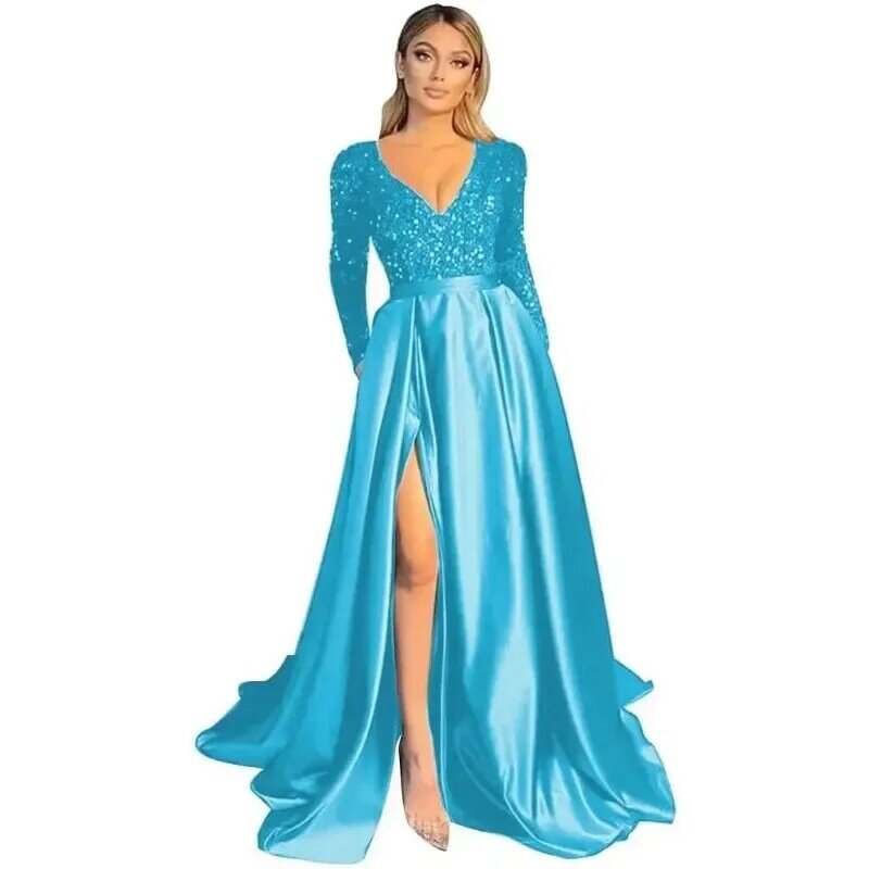 Long Sleeve Sequin Prom Dresses Satin Ball Gown Slit V Neck Formal Evening Gowns with Pockets