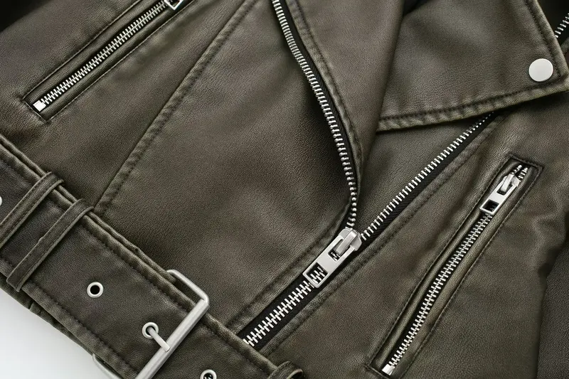 Washed Leather Belt Jacket Women Vintage Turn Down Collar Gradient Zipper Short Coat Female Fashion Casual Chic Jacket