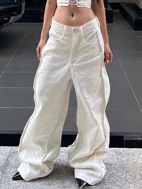 Vintage Drag Loose Jeans Street Fashion Calças de Cintura Baixa Mulheres 2023 Verão Denim Calças Multi-Sided Wave Esthetics
