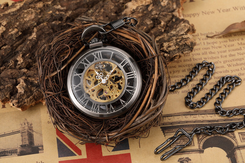 Reloj de bolsillo mecánico para hombre, reloj de cristal transparente con números romanos, mecanismo Manual Retro negro, colgante