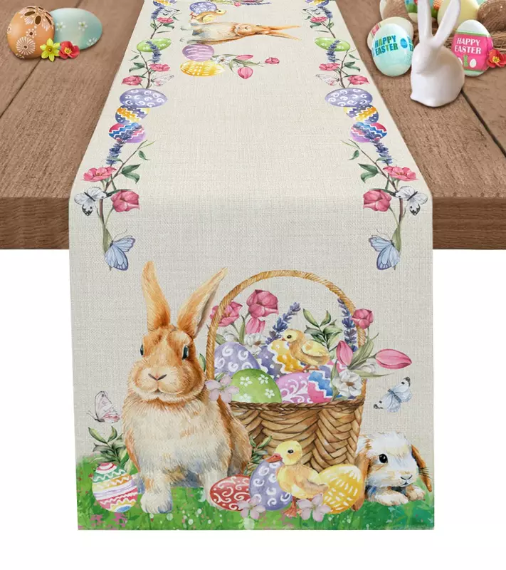 Easter Bunny Egg Duck Flower Runner da tavola in lino decorazione di nozze Anti-Fouling rettangolare Dining
