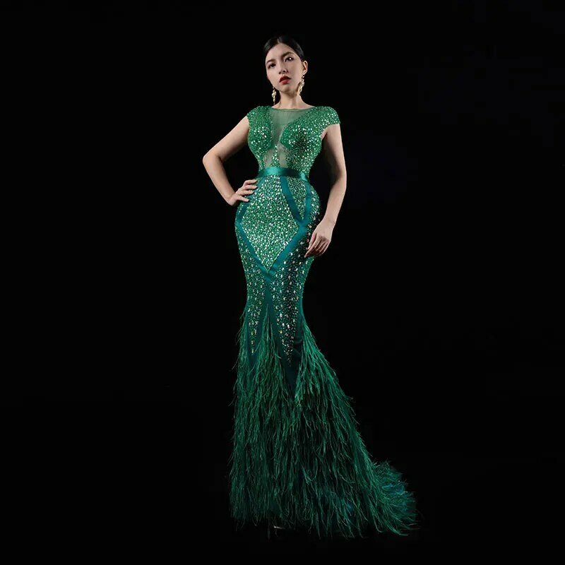 Bai Sha-vestido de noche de lujo para mujer, traje de sirena con pelo de avestruz, con cuentas pesadas, ajustado, 2024, 931