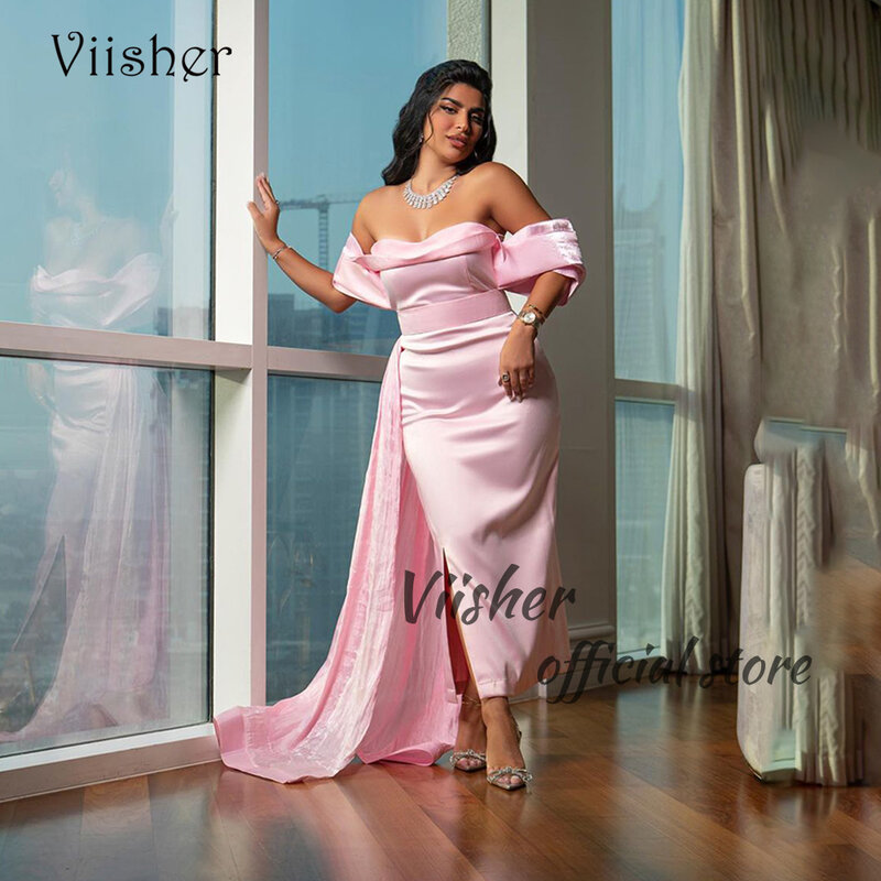 Розовые атласные вечерние платья-русалки с рукавом сердечком арабское дубайское свадебное платье с разрезом сбоку официальное платье для выпускного вечера