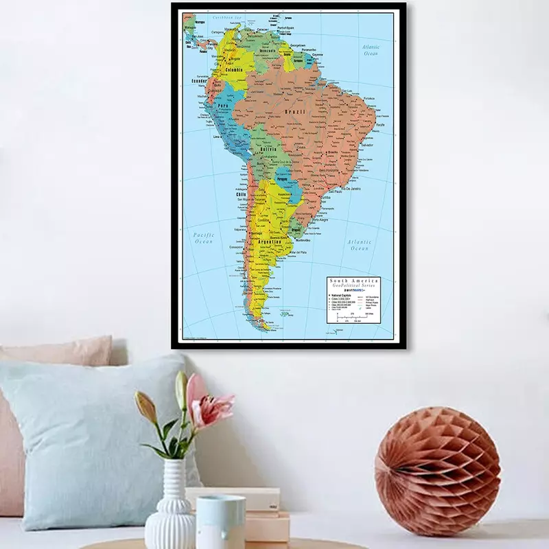 Lienzo pintado con Spray para decoración del hogar, póster artístico de pared de 60x90cm con mapa de América del Sur en inglés para decoración de sala de estar y escuela