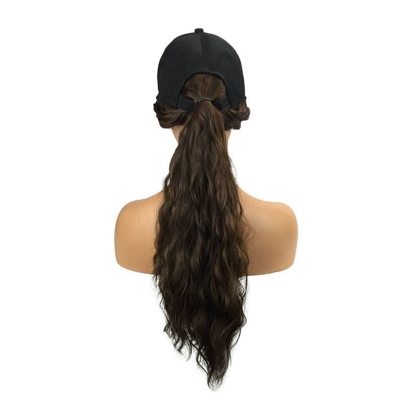 Gorra de béisbol de pelo ondulado sintético largo para mujer, extensiones de cabello, sombrero, pelucas, postizo ajustable negro y marrón, 65cm