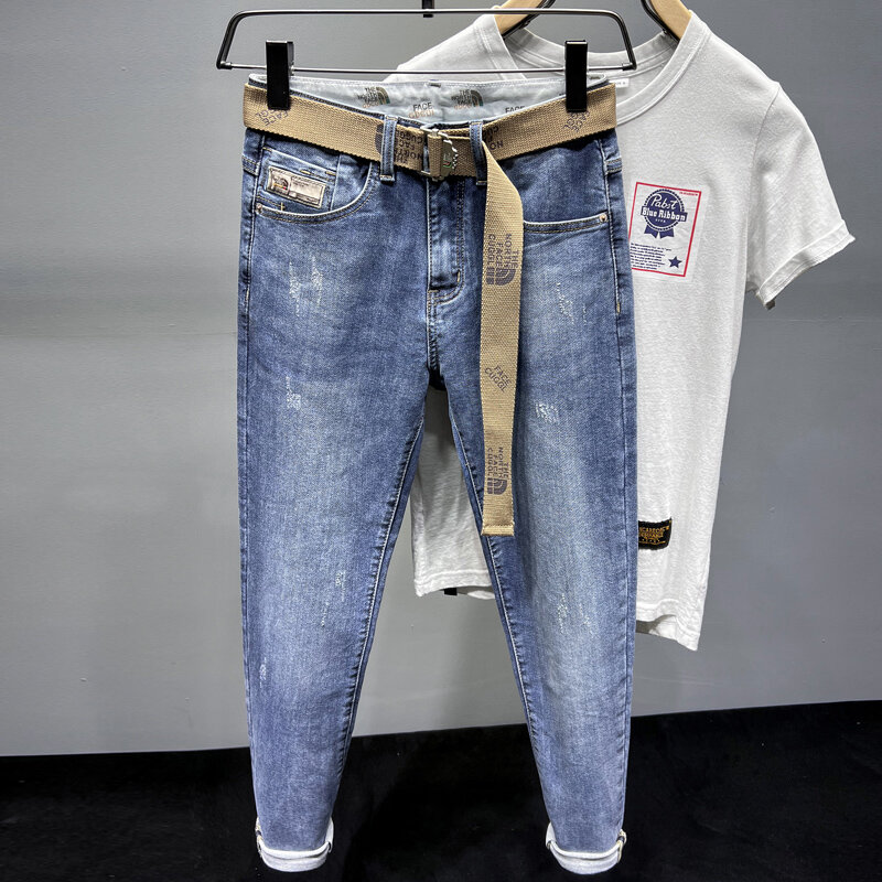 Alta qualità a prezzi accessibili moda di lusso primavera quattro stagioni nuovi pantaloni elasticizzati blu 9cropped Jeans lavati Straight Loose Trou da uomo