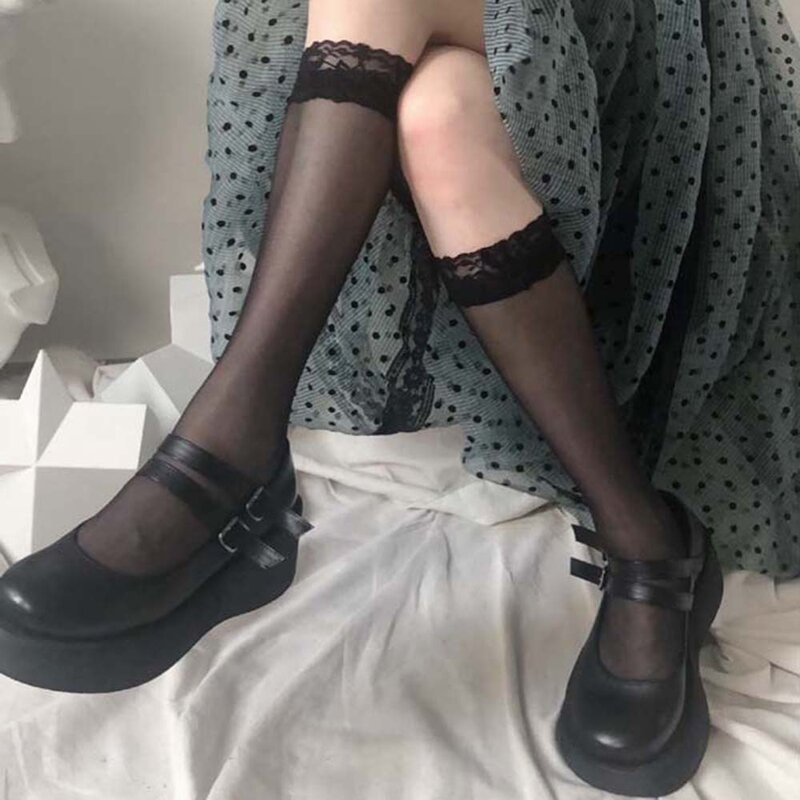 Модные прозрачные тонкие летние чулочно-носочные изделия в стиле "Лолита" для девочек, длинные кружевные чулки, носки до колена из нейлона