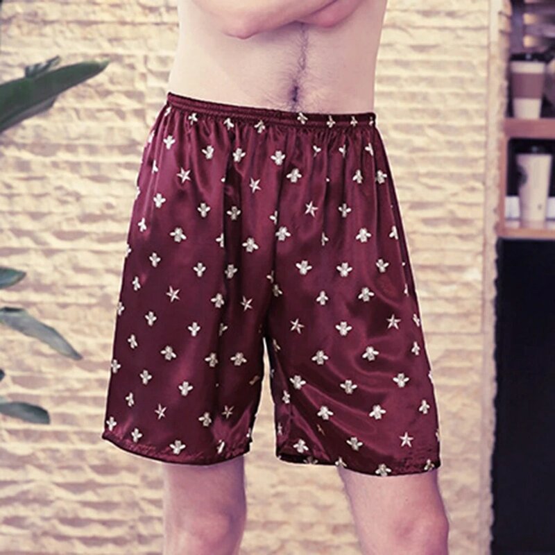 Homem sleep bottoms seda cetim pijamas casual sono calças curtas design impresso homem pijamas macio solto sono shorts masculino