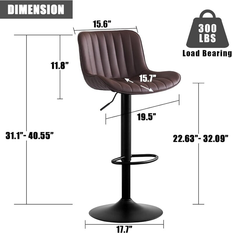 YOummy KE-Tabouret de bar en cuir marron foncé avec dossier, tabouret de comptoir moderne réglable, chaise haute avec pied