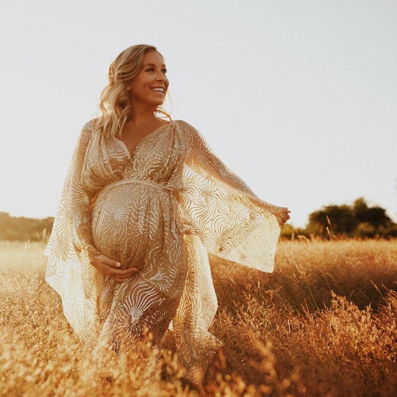Fotografia ciążowa rekwizyty Maxi sukienka ślubna złote koronki woal suknia dla kobiet w ciąży sesja zdjęciowa ciąża Prop akcesoria