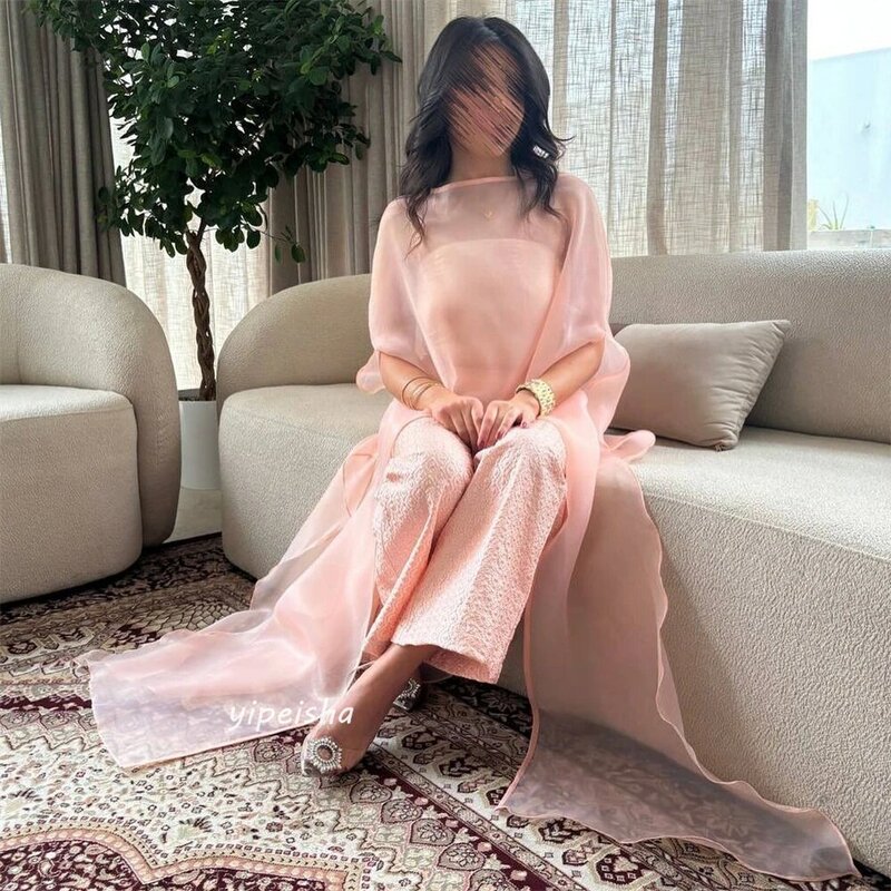 Jiayigong  Satin Draped Ruched Formal Evening A-line Boat Neck Bespoke Occasion Gown Long Sleeve Dresses