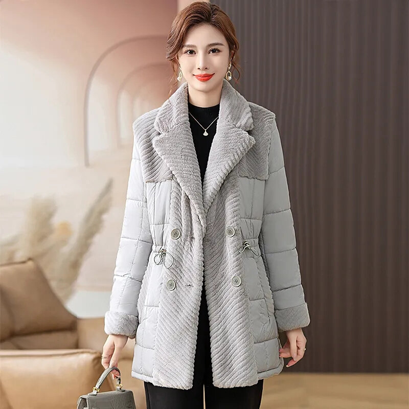 Streetwear Women's Winter Coats Fur Patchwork Cotton-padded Jacket Double-breasted Turndown Collar Long Parkas Slim Overcoat