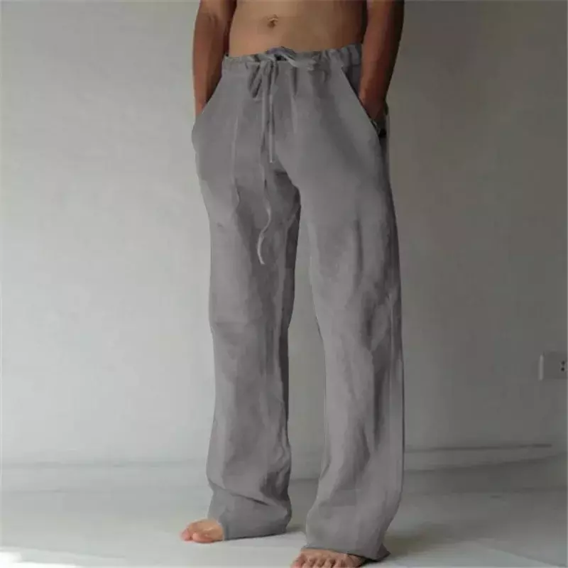 2023 Nouveau pantalon en coton lin homme printemps été adt respirant solide document chanvre fjFitness Streetwear taille S-4XL