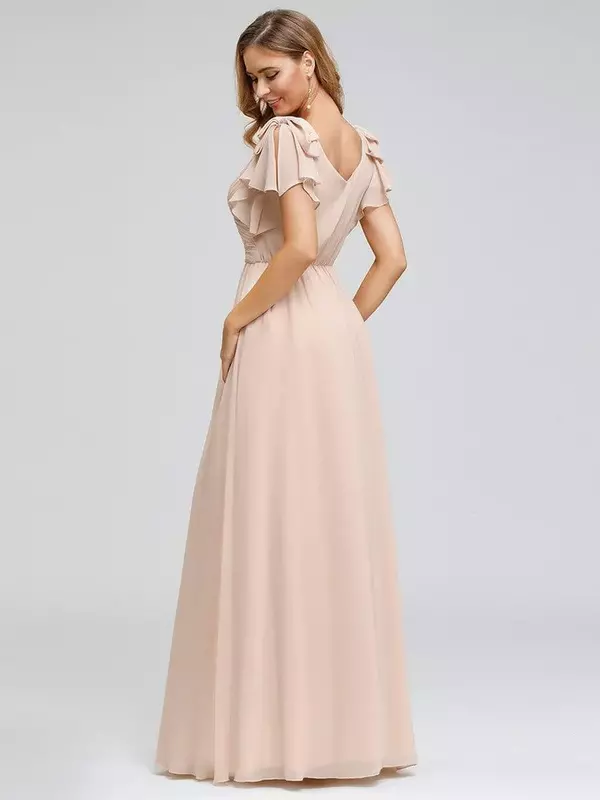 فستان سهرة نسائي شيفون على شكل حرف A ، ملاصق للجسم بطيات ، طويل ، رسمي ، أنيق ، أكمام مكشكشة ، زفاف ، وصيفة العروس