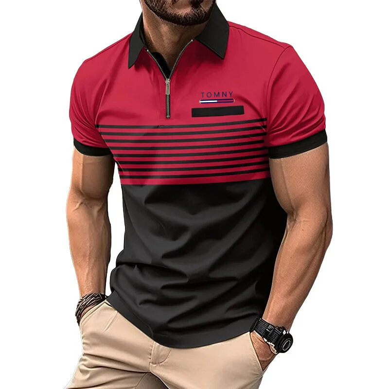 TOMNY-Camisa polo listrada 3D masculina, peito e bolso, zíper lapela, camiseta empresarial, blusa casual, nova moda, 2024