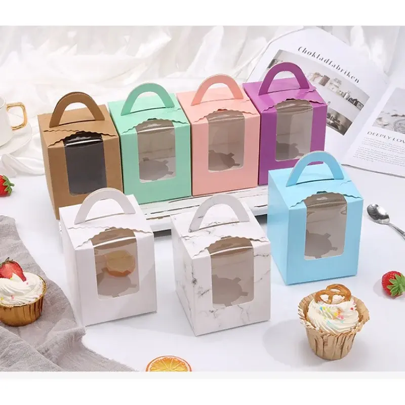 Customized product Portable Muffin Box Paper Cup Cake Packaging Box Transparent Mousse Dessert Baking Packaging Box With Window